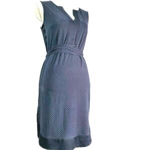 Ann Taylor Classic Dress Size S Dark Blue Polka Dot Sleeveless Belted Stretch